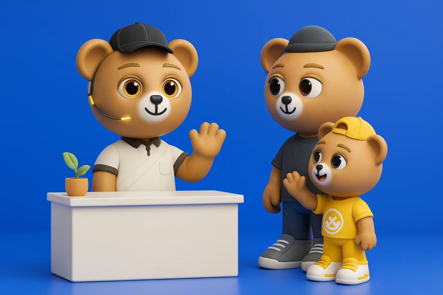 Soft 3D vinyl-toy illustration of Desk Teddy wearing a headset and waving a warm welcome from the front desk as Parent Teddy and a Cub bear arrive, on a cobalt-blue studio background