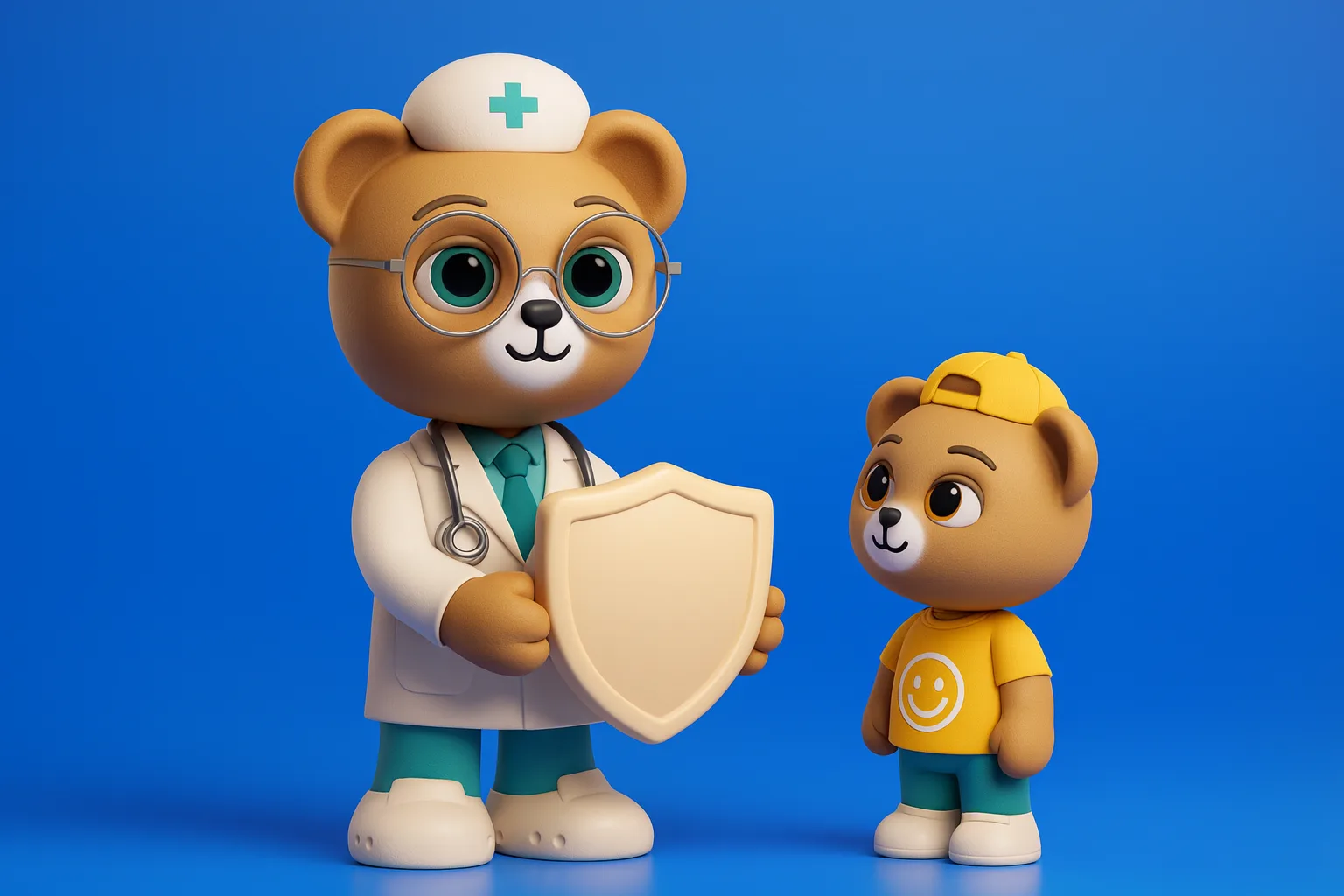 Soft 3D vinyl-toy illustration of Dr. Teddy holding a plain protective shield beside a smiling Cub bear on a cobalt-blue studio background, with open space for a headline