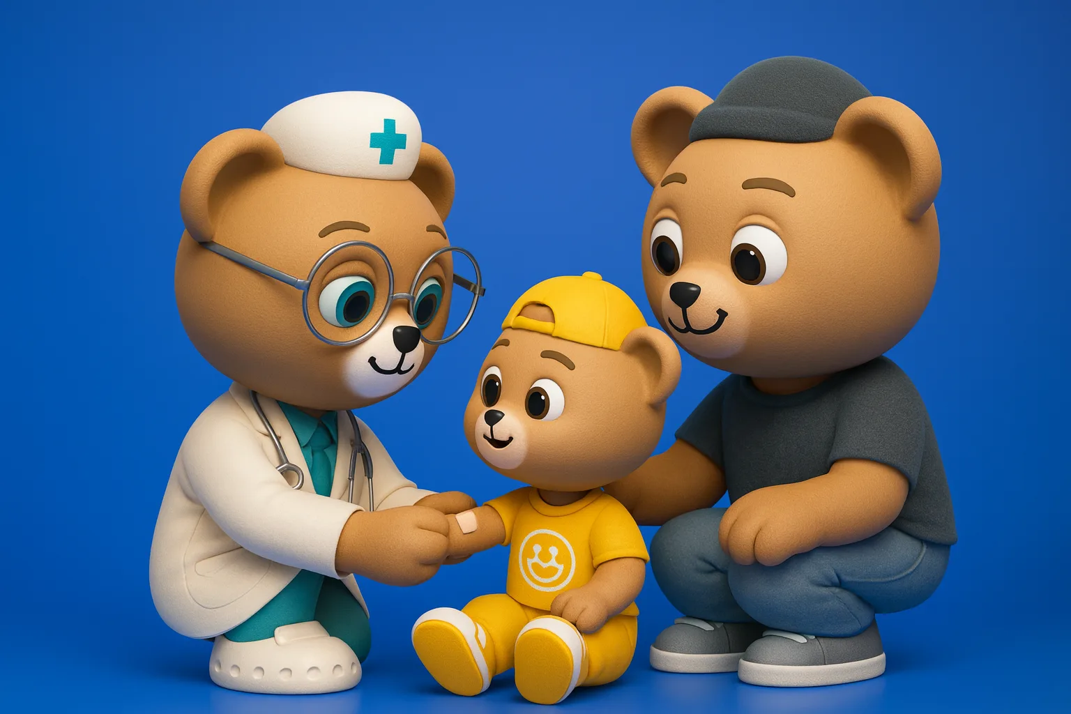 Soft 3D vinyl-toy illustration of Dr. Teddy gently placing a small band-aid on a proud, smiling Cub bear's arm while Parent Teddy reassures from beside them, on a cobalt-blue studio background